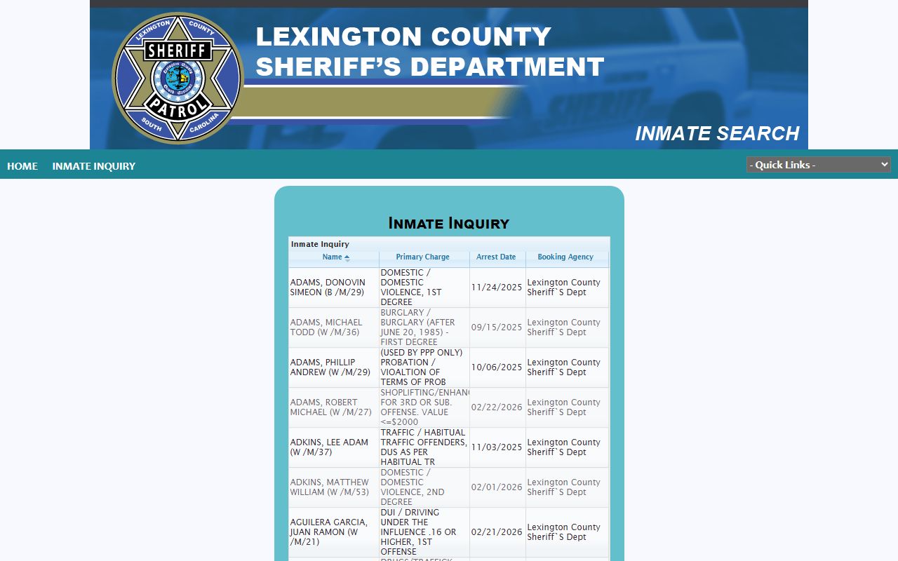 Lexington Sheriff inmate search portal for Lexington Released Inmates